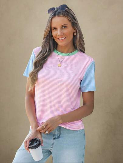 Wildy Camiseta holgada de mujer de manga corta, cuello redondo, con rayas contrastantes de estilo casual y sencillo