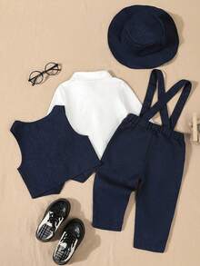 SHEIN 4pcs Formal Gentleman Outfit For Baby Boy, Including White Long Sleeve Shirt, Bowknot, Single-Breasted Vest, Elastic Waist Suspender Pants, And Hat. Vintage Gentleman Style Suitable For Holidays, Formal Occasions, Weddings, Performances, Parties, Birthdays, Back To School, Christmas, And Graduations. Fall Winter