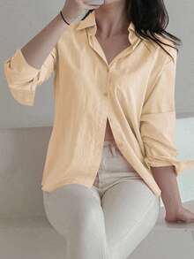 DAZY 女士宽松纯色长袖单排扣休闲衬衫 - 黃色 - 查看 5