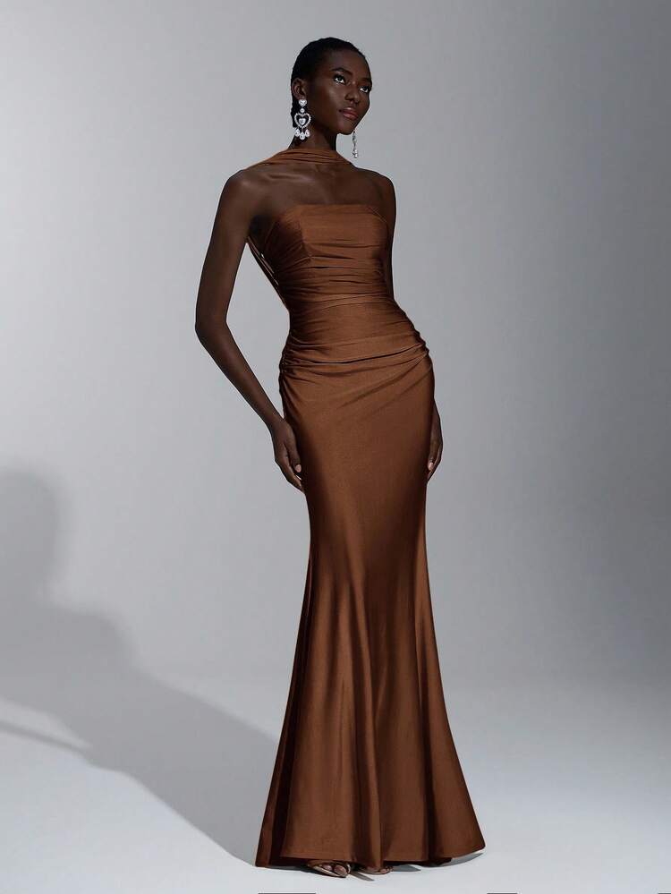 Elitara Elegante, romántico, sexy, minimalista, de punto, elástico, sin tirantes, sin espalda, ajustado, de moda, estilo influyente, adecuado para vacaciones, fiestas de cumpleaños, bodas, vestidos de dama de honor - Marrón - Añade 7