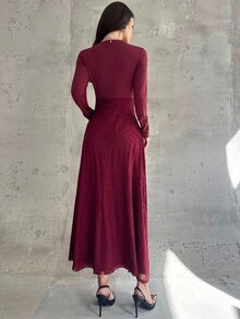 Firerie 女士新款优雅浪漫日常休闲时尚百搭简约都市通勤办公室装酒红色长袖 V 领拼接纹理 A 字长裙，秋季服装，教师服装，机场服装，户外服装，返校 - 酒紅色 - 查看 3