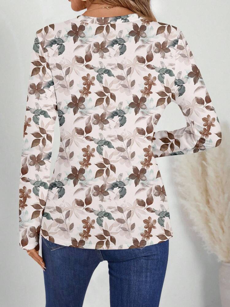 Women's V-Neck Long Sleeve T-Shirt, Casual Minimalist Leaf Pattern, Fall/Winter Women Floral Tops V Neck Floral Tops Floral Blouses For Women V Neck Blouses Floral Print Tops For Women,Casual