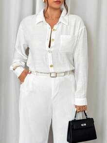 Firerie 大码女式休闲简约优雅通勤都市时尚街头时尚新款金属纽扣翻领亚麻混纺长袖白衬衫，秋冬春 - 白色 - 查看 3