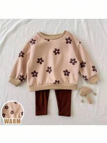 Loomiva 2 件套女婴花卉印花针织柔软圆领长袖运动衫和松紧腰裤套装，休闲装适合秋冬季、室内、室外 - 彩色 - 查看 6