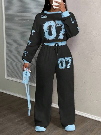 Slaydiva 07 针织休闲街头风格宽松运动两件套女士套装，适合秋冬