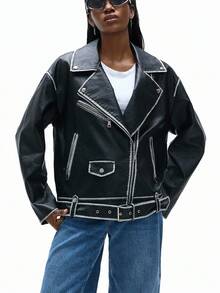 Aveloria GENKIRA New Loose Fit Vintage Lapel Hem Tie Waist Motorcycle Leather Jacket - Black - View 5