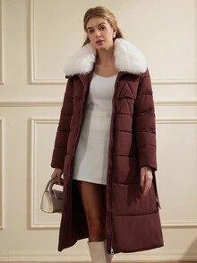 GENKIRA Fashionable Versatile Waist Belt Slim Fit Detachable Faux Fur Collar Padded Coat For Women - Red - View 5