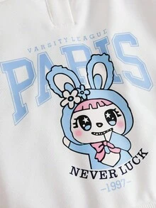 1pc Girls Cute Casual Collegiate Style Button Decor Peter Pan Collar Long Sleeve Rabbit Print Sweatshirt Fall Winter - White - View 6