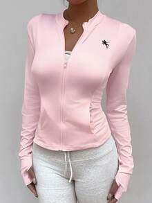 SHEIN Unity 女士薄款长袖刺绣拉链开衫修身夹克，适合返校季 - 粉色 - 查看 4