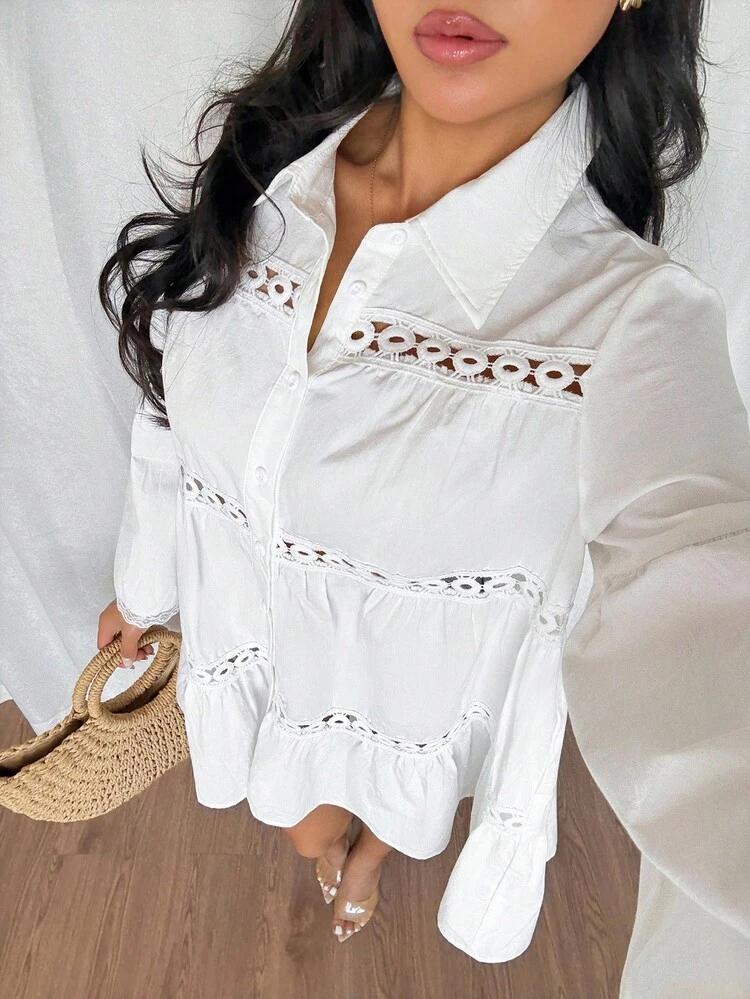 Women's Lace Patchwork Flare Sleeve Single-Breasted Loose Casual Shirt
