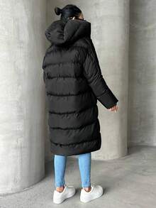 EURMUSE Solid Zip Up Hooded Puffer Coat - Black - View 2