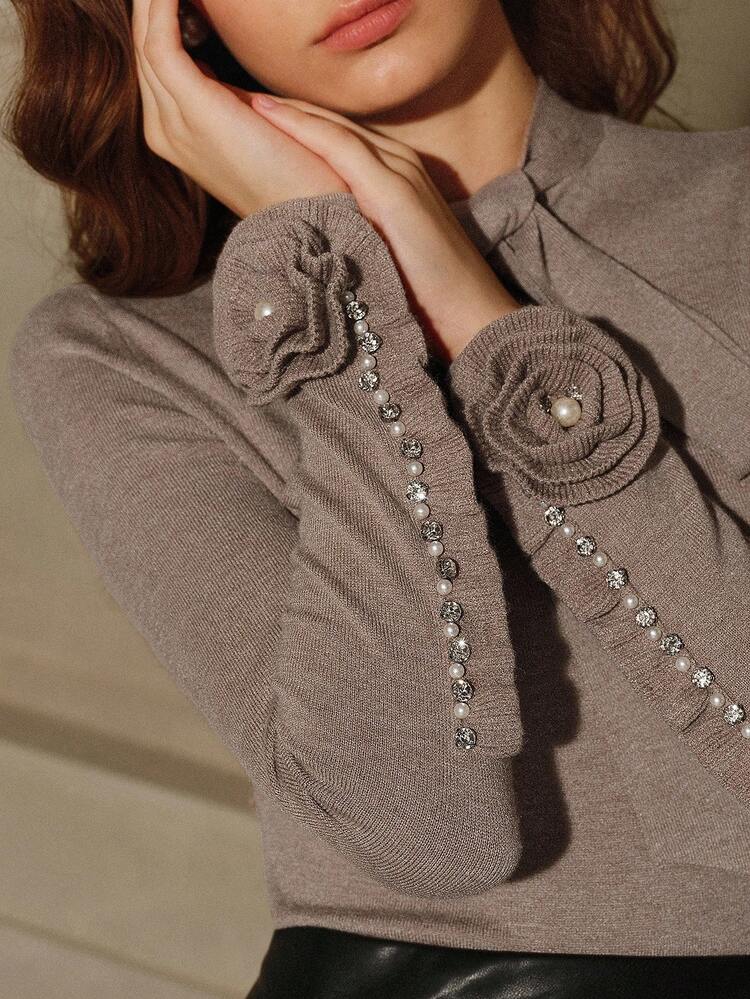 Anewsta Savoree Pull de Noël pour femmes, décoration de nœud papillon Top de gamme, fleur 3D ornée de strass, manches longues, hiver