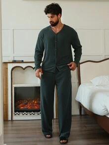 DAZY Men's V-Neck Top & Pants Loungewear Set, Military Green Corduroy Fabric, Autumn Pajama, Fall Winter Clothes