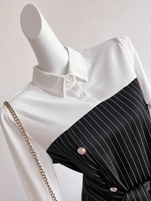 Sweetra Young 2 件套青少年女孩领口条纹金属纽扣束腰上衣和条纹喇叭裤通勤复古套装 - 黑色 - 查看 3