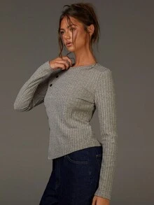 Athîral Women's Heather Grey Ribbed Knit Asymmetrical Hem T-Shirt | Soft Stretch Lightweight Yarn, Cozy Textured Feel, Slim Relaxed Fit, Classic Round Neck, Long Fitted Sleeves, Contrast Decorative Buttons, Asymmetric Hemline Detail, Business Layering & Effortless Comfort, Perfect For Spring, Fall, Transitional Seasons - Coffee Brown - View 5