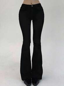 DAZY Women's Slim Fit Low Waist Flare Leg Long Denim Jeans - Black - View 2