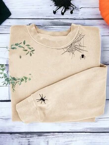 INAWLY Áo nỉ dài tay cổ tròn thêu hình nhện dáng rộng thoải mái cho nữ, mùa thu/đông - Màu be - Xem 4