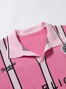 Manfinity EMRG Men's Casual Loose Fit Letter & Striped Pattern Pink Long Sleeve Sweater, Autumn