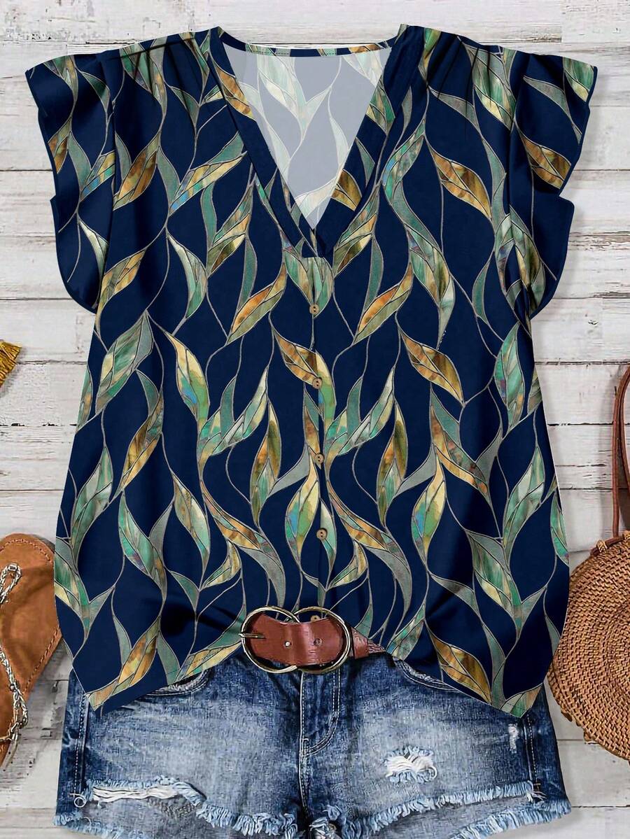 EMERY ROSE Women's Leaf Print Casual Blouse, Navy Blue, Suitable For Summer - Blue - View 1