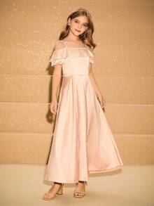 女孩优雅奢华香槟色无袖露肩长裙，适合晚会、宴会、婚礼、花童、舞会、圣诞节、万圣节等场合 - 香檳色 - 查看 5