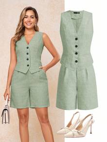 Ellevyn Women's Minimalist Front Button Vest And Shorts Set, Office/Commute Style, Summer - Green - View 1