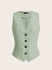 Ellevyn Women's Minimalist Front Button Vest And Shorts Set, Office/Commute Style, Summer - Green - View 4