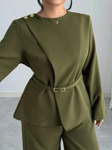 Elenzga Plus Size Women's Elegant French Romantic Office Commute Casual Vintage Middle Eastern Style Crew Neck Crossover Waist Metal Buckle Decor Long Sleeve Shirt + Loose Wide Leg Pants/Trousers Two Pieces Set, Suitable For Office, Street, Afternoon Tea, Party, Thanksgiving Blouse And Pants Set Modest Two Piece Set 2 Piece Casual Sets Woman Two Piece Set Women Elegant Olive Green Outfit Women - Army Green - View 5