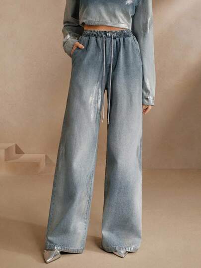 Anewsta New Women's Valentine's Day Printed Elastic Waistband Straight Leg Jeans