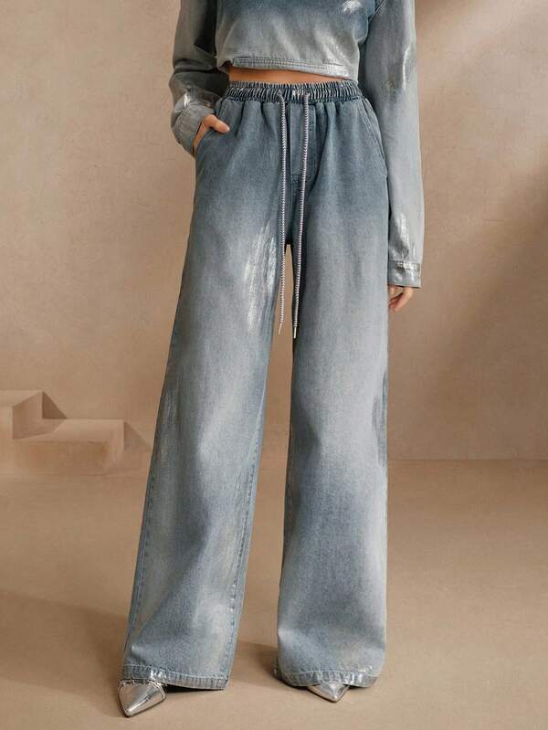 Anewsta Women's Vintage Oversized Loose Fit Wide Leg Jeans With Metallic Foil Print