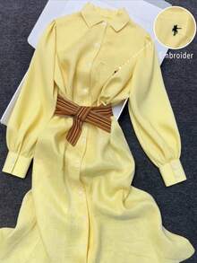 GlowEve New Elegant Polo Collar Embroidery Design Belted Dress - Yellow - View 1