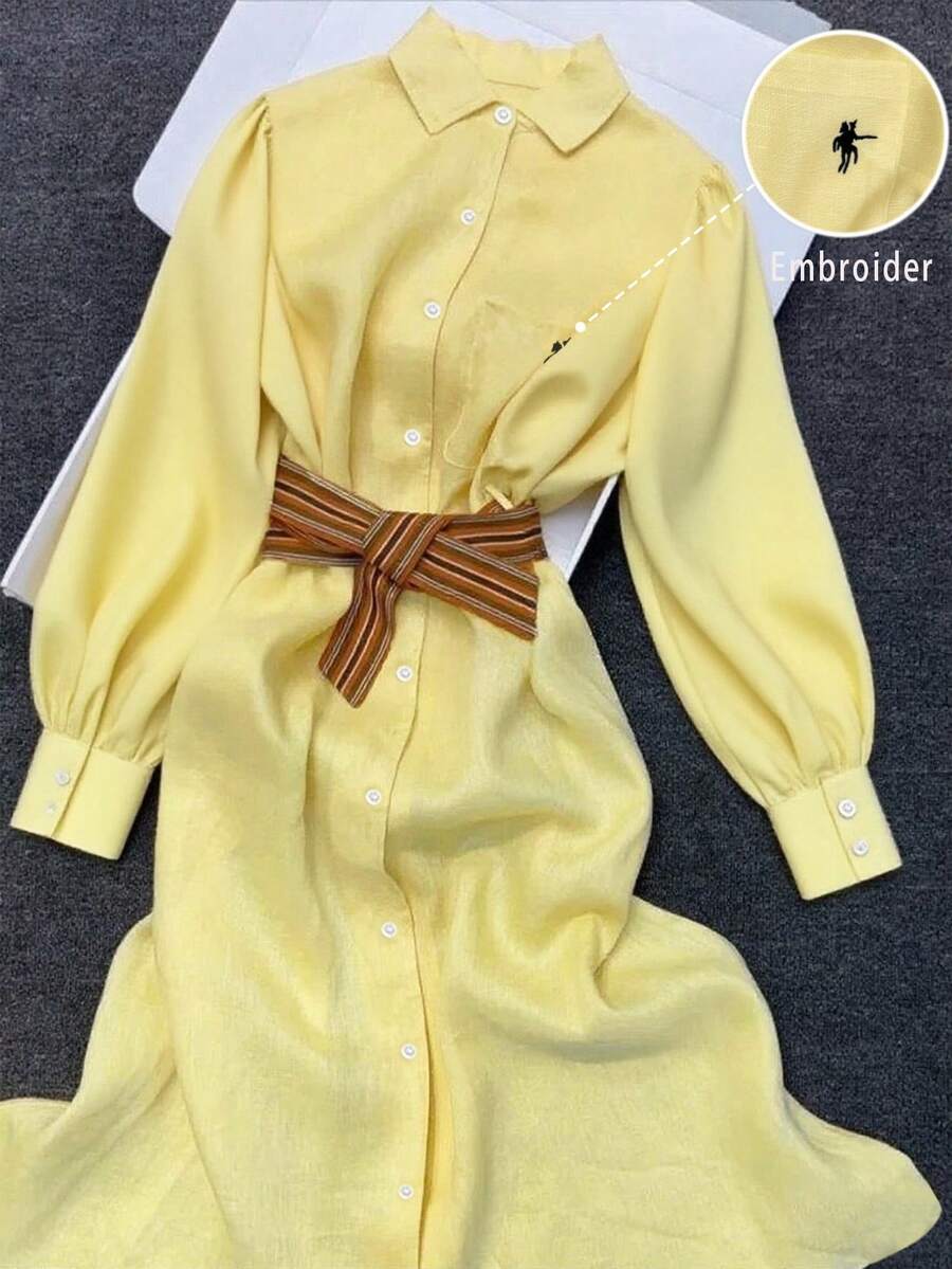 GlowEve New Elegant Polo Collar Embroidery Design Belted Dress - Yellow - View 1