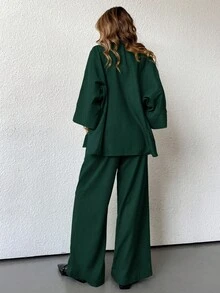 Aveloria Modichic 2 件套女士混纺侧开衩宽松衬衫和高腰阔腿裤优雅商务休闲女装 - 橄欖綠 - 查看 3