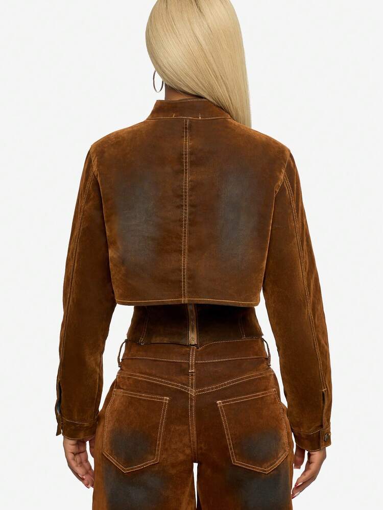 SUMWON WOMEN Distressed Suede Corset Jacket With Buckle Neck