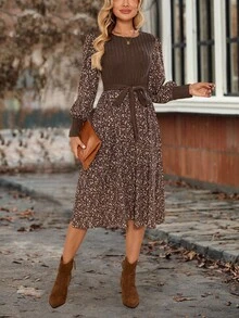 EMERY ROSE Đầm dài tay cổ tròn họa tiết hoa chắp vá đơn giản dành cho nữ - màu nâu - Xem 6