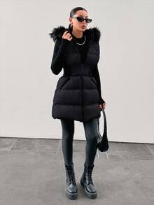 EURMUSE Padded Vest With Furry Hood And Adjustable Waist, Two Side Pockets, Thick And Fashionable Puffer Jacket, Quilting Details - Black - View 6