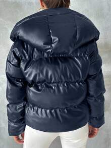 EURMUSE Abrigo acolchado para mujer, unicolor, de moda para el invierno - Azul Marino - Ver 2