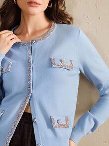 Anewsta Cardigan élégant pour femmes avec détail de rabat décoré de strass, automne