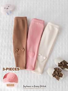 Cozy Pixies 3件套女宝宝卡通小熊爱心图案针织柔软弹力腰保暖裤套装，适合秋冬季穿着 - 杏色 - 查看 1
