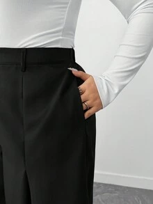 Elenzga Plus Size Women's Elegant Solid Color Split Wide Leg Pants, Suitable For Commuting And Everyday Wear - Black - View 3