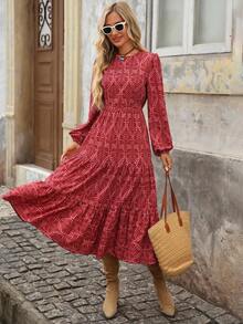 Brillora 女式波西米亚风格印花圆领收腰喇叭形 A 字连衣裙，适合秋冬季外出度假 - 紅色 - 查看 4