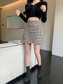 DAZY Váy mini họa tiết răng sói thanh lịch, thích hợp mặc hàng ngày cho mùa đông - màu đen - Xem 8