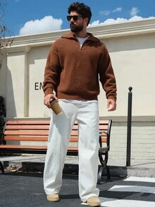 DAZY Men's Solid Brown Half-Zip Stand Collar Sweater, Autumn/Winter - Brown - View 5