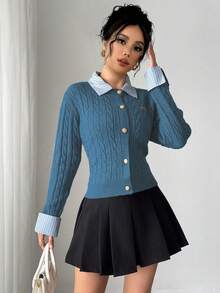 Chiquease 时尚博主风格的二合一拼布针织开衫 - 水鴨藍 - 查看 8