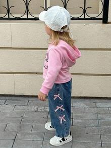 SHEIN 2pcs/Set 6Months-3Years Baby Fall Outfits For Girl Casual And Korean Style Suit,Bowknot-Printing ,Long Sleeves Hoodie&Long Jeans Winter - Pink - View 4