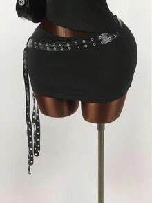 Y2K Amplova 女士 Oktoberfest PU 皮革拼接不对称上衣和性感吊带超低腰迷你裙两件套黑色夜店装 Y2K 两件套黑色两件套 - 黑色 - 查看 8