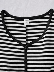 少女韩版条纹长袖连体衣，黑白条纹V领，系带短裤，欧美潮流基本款运动连体衣，适合女孩秋冬 - 黑與白 - 查看 3