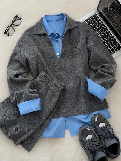 Muvela 女式 Polo 领长袖羊毛衫和短裤两件套，温暖舒适，精致刺绣，复古学院风，休闲日常穿着，返校，下午茶，复古美学，秋季