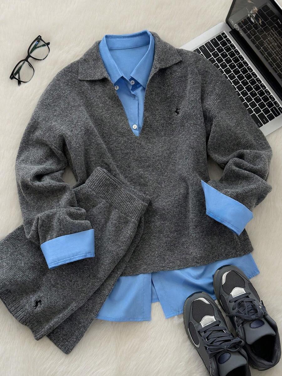 Muvela 女式 Polo 领长袖羊毛衫和短裤两件套，温暖舒适，精致刺绣，复古学院风，休闲日常穿着，返校，下午茶，复古美学，秋季 - 灰色 - 查看 1