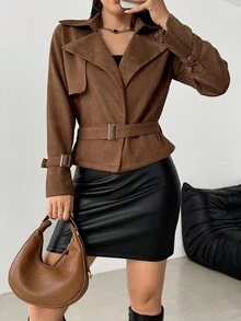 Aidyla Elegancka, modna krótka kurtka damska z długim rękawem i klapami ze sztucznego zamszu z paskiem