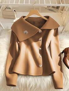GlowEve Áo khoác nữ thanh lịch với họa tiết hoa cúc kim loại và cổ áo rộng - Màu Khaki - Xem 1